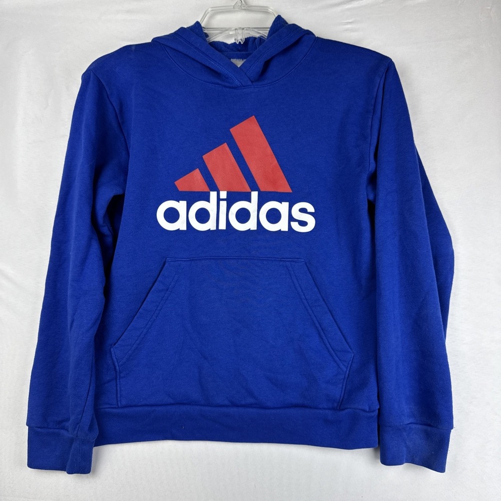Adidas Hoodie Fleece Boys Size Medium 10/12 Blue Red White Regular Fit Coupe